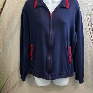 #115 BECHAMEL navy blue, red trim, zip up sweatshirt size large